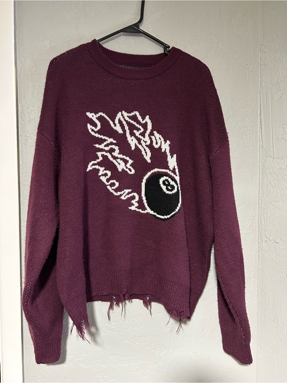 PacSun Plum Crewneck Sweater with Flaming 8-Ball Graphic